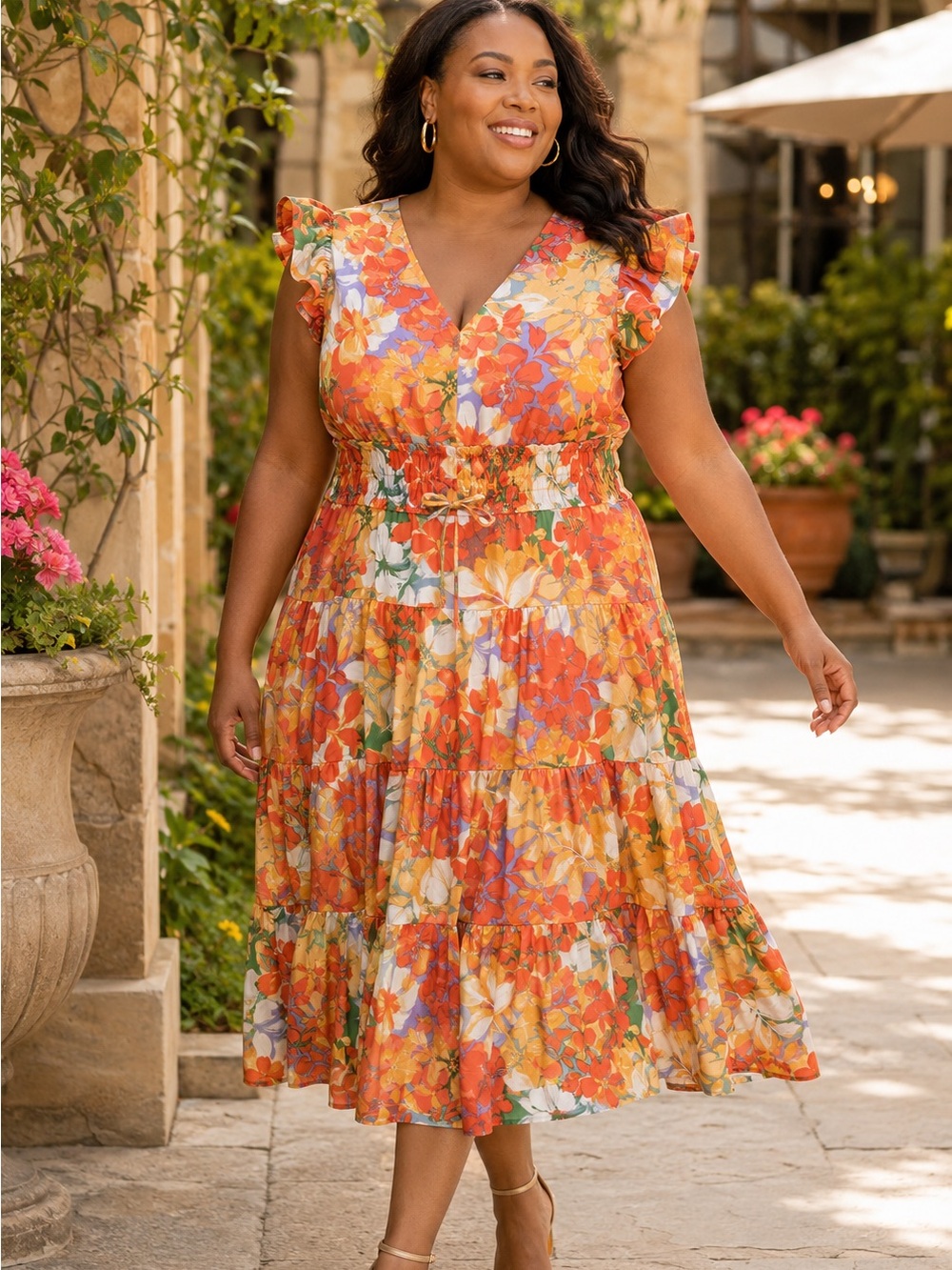 Vince Camuto Plus Floral Flutter Sleeve Fit & Flare Midi Dress 20W NWOT